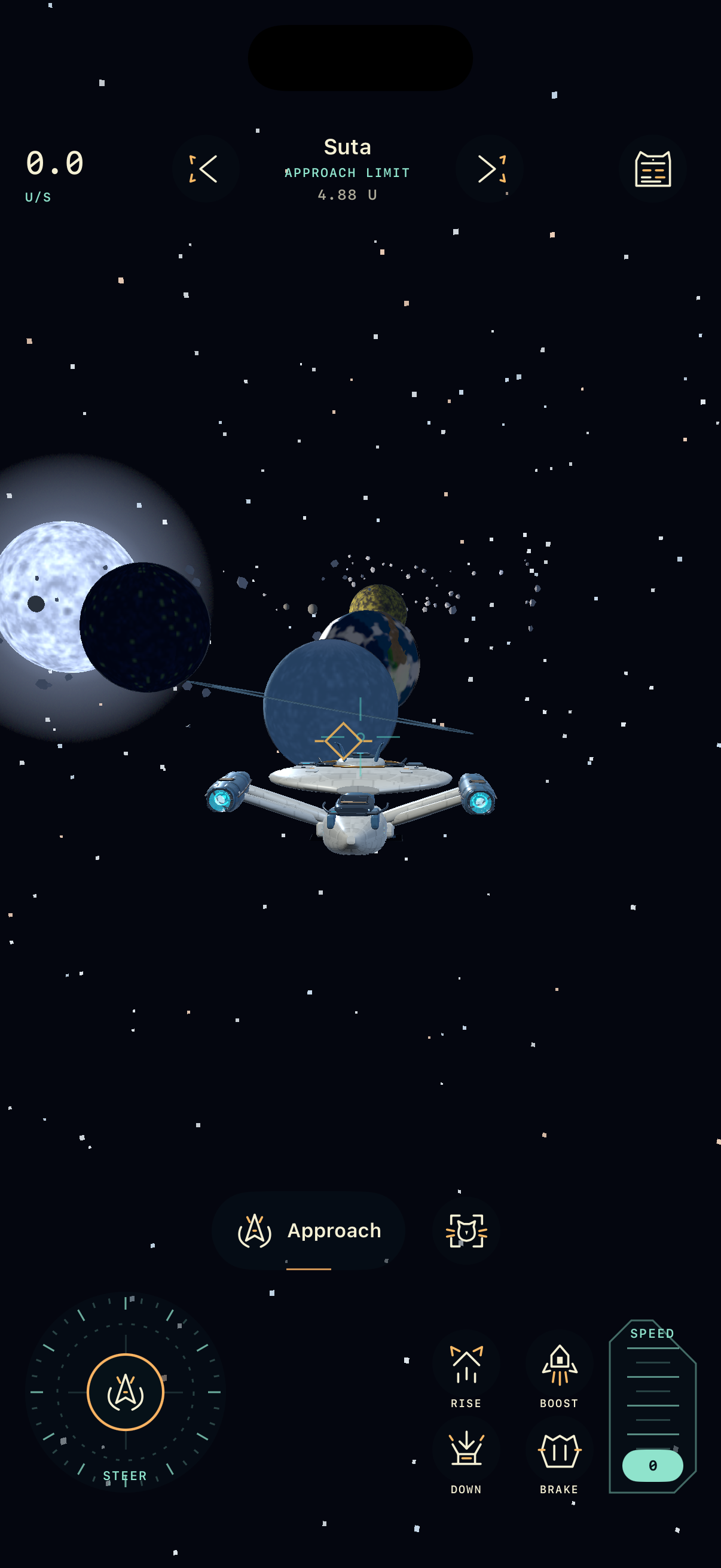 Actual native space flight with a starship, planets and asteroids