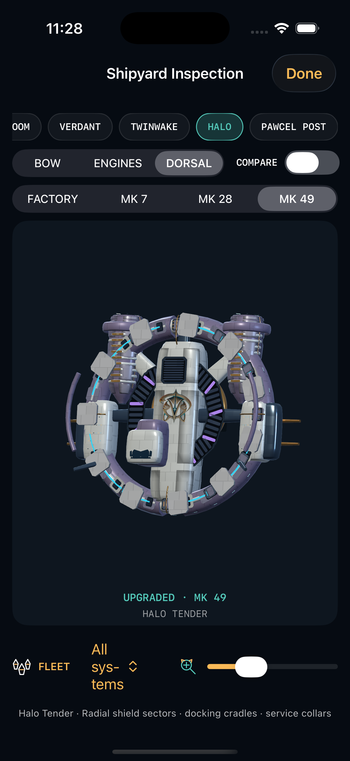 Halo Tender ship with its earned fleet insignia in the native shipyard