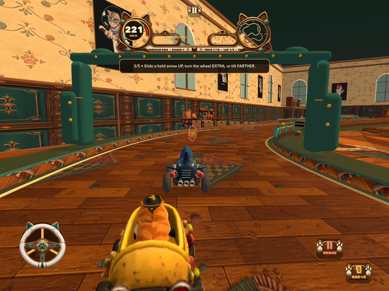 Actual Racecats gameplay: cat racers speed around a richly detailed living-room circuit